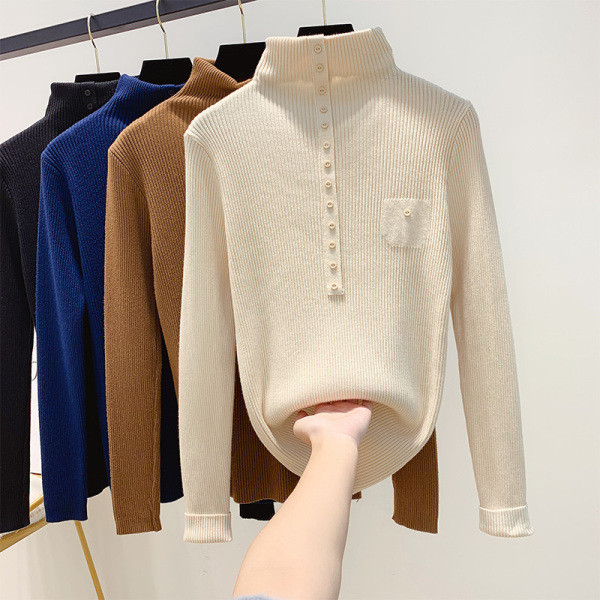 Γυναικείο πουλόβερ με κολάρο, κουμπιά και τσέπη σε καφέ, μαύρο, λευκό και μπλε χρώμα