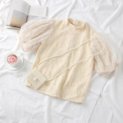 Μοντέρνα γυναικεία μπλούζα από δαντέλα ρετρό στυλμε κοντό μανίκι σε λευκό, μαύρο, ροζ και μπεζ  χρώμα - δύο μοντέλα