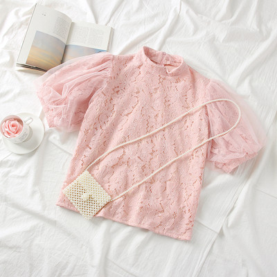 Μοντέρνα γυναικεία μπλούζα από δαντέλα ρετρό στυλμε κοντό μανίκι σε λευκό, μαύρο, ροζ και μπεζ  χρώμα - δύο μοντέλα