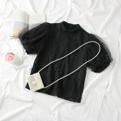 Μοντέρνα γυναικεία μπλούζα από δαντέλα ρετρό στυλμε κοντό μανίκι σε λευκό, μαύρο, ροζ και μπεζ  χρώμα - δύο μοντέλα