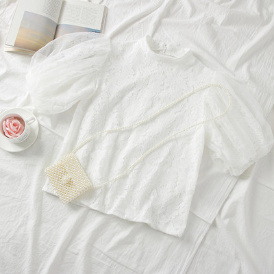 Μοντέρνα γυναικεία μπλούζα από δαντέλα ρετρό στυλμε κοντό μανίκι σε λευκό, μαύρο, ροζ και μπεζ  χρώμα - δύο μοντέλα