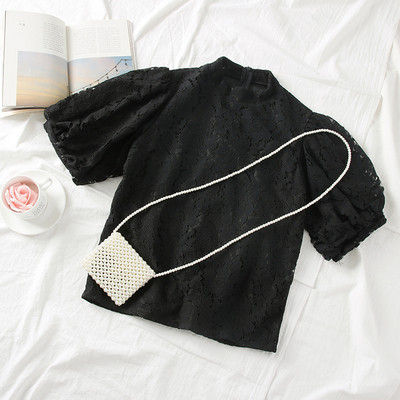 Μοντέρνα γυναικεία μπλούζα από δαντέλα ρετρό στυλμε κοντό μανίκι σε λευκό, μαύρο, ροζ και μπεζ  χρώμα - δύο μοντέλα