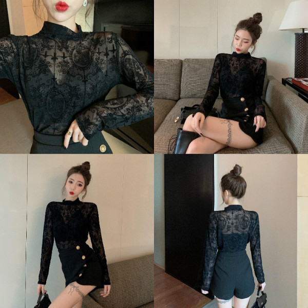 Modern női csipkeblúz fekete színben, magas gallérral