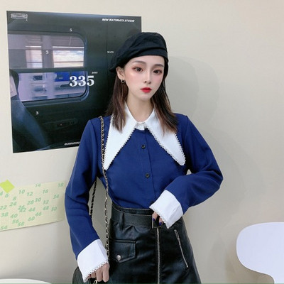 Modern női ing gombokkal és hosszú ujjú kék színben