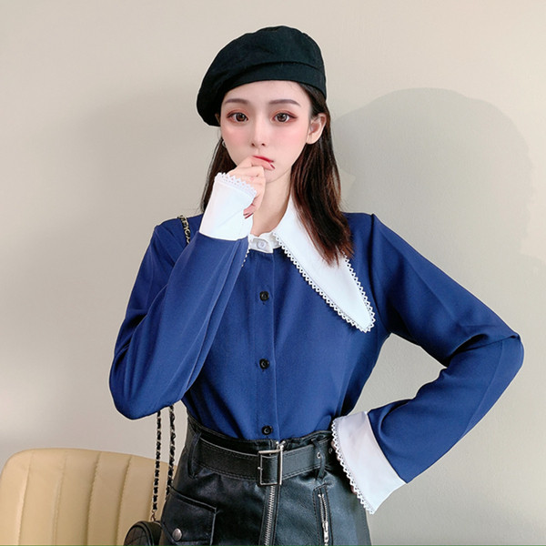 Modern női ing gombokkal és hosszú ujjú kék színben