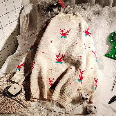 Χειμερινό γυναικείο πουλόβερ με στρογγυλη λαιμόκοψη και μοτίβο Χριστουγέννων