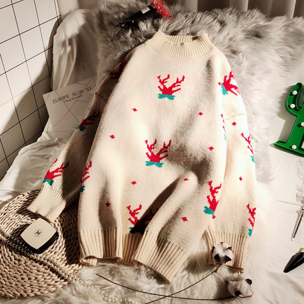 Χειμερινό γυναικείο πουλόβερ με στρογγυλη λαιμόκοψη και μοτίβο Χριστουγέννων