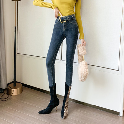 Μοντέρνα γυναικεία τζιν με ψηλή μέσης και ζώνη σε δύο χρώματα-Λεπτό μοντέλο