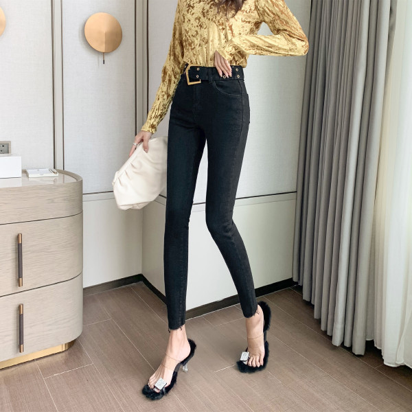 Μοντέρνα γυναικεία τζιν με ψηλή μέσης και ζώνη σε δύο χρώματα-Λεπτό μοντέλο