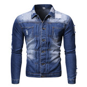 Modern férfi farmerdzseki klasszikus gallérral, szakadt motívumokkal fekete és kék színben