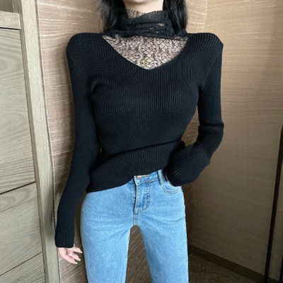 Μοντέρνο γυναικείο πουλόβερ με κολάρο από δαντέλα σε διάφορα χρώματα