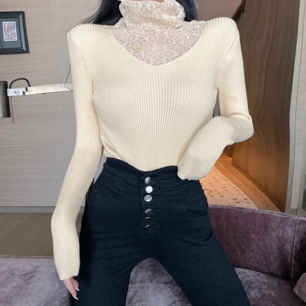 Μοντέρνο γυναικείο πουλόβερ με κολάρο από δαντέλα σε διάφορα χρώματα