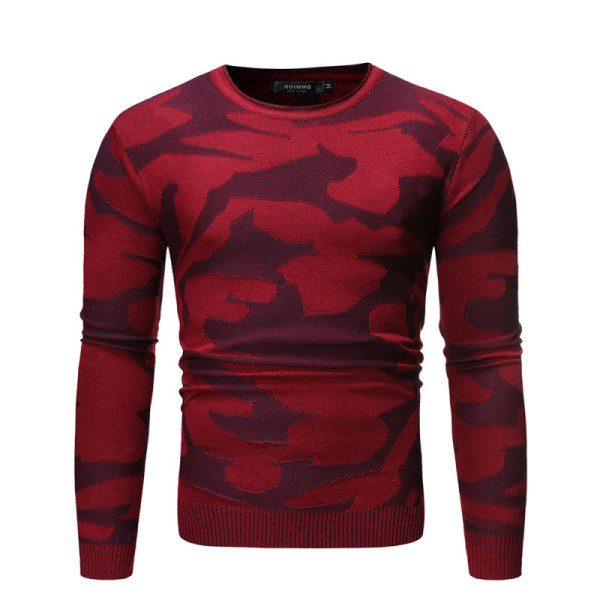 Ανδρικό πουλόβερ με καμουφλάζ τύπωμα και στρογγυλή  λαιμόκοψη σε κόκκινο και γκρι χρώμα