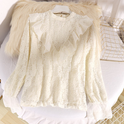 Μοντέρνο δαντελωτό πουκάμισο με μανίκι λωτού σε λευκό, μπεζ και μαύρο χρώμα