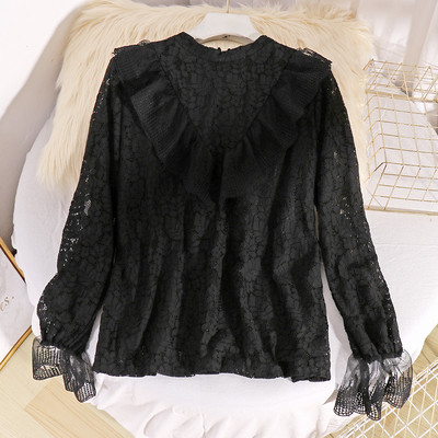 Μοντέρνο δαντελωτό πουκάμισο με μανίκι λωτού σε λευκό, μπεζ και μαύρο χρώμα