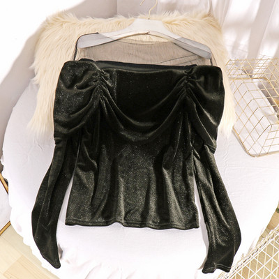 Μοντέρνα γυναικεία βελούδινη μπλούζα με τούλι και μακρύ μανίκι σε τρία χρώματα