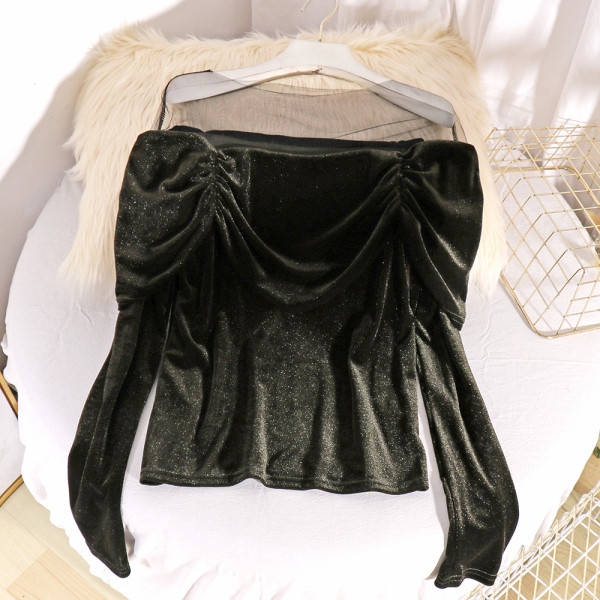 Μοντέρνα γυναικεία βελούδινη μπλούζα με τούλι και μακρύ μανίκι σε τρία χρώματα