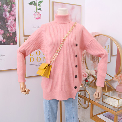 Modern női pulóver magas pólógallérral és gombokkal