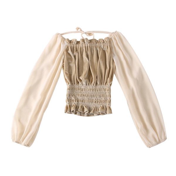 Μοντέρνα γυναικεία μπλούζα με  τετράγωνο ντεκολτέ από βελούδο και τούλι