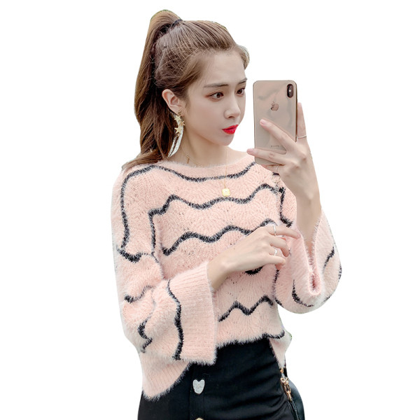 Női téli csíkos pulóver széles ujjú fehér, rózsaszín és kék színben