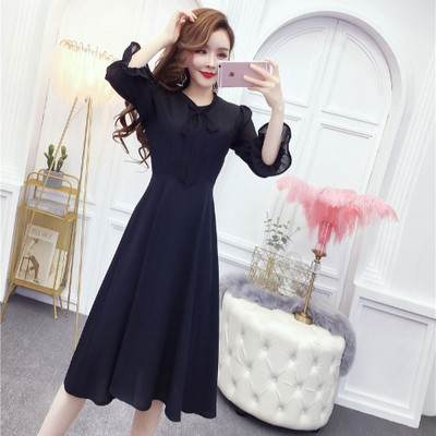 Μοντέρνο γυναικείο φόρεμα σιφόν με κορδέλα και μανίκι 7/8 σε μαύρο χρώμα