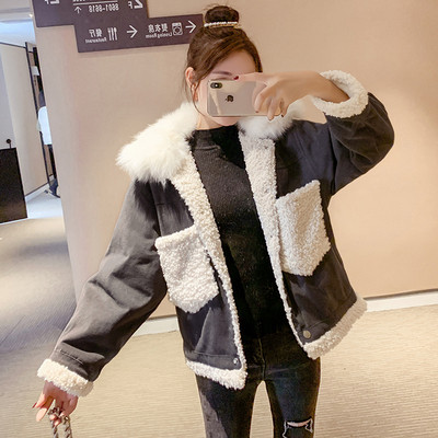 Női őszi-téli kabát kapucnival, kék, rózsaszín és szürke zsebekkel