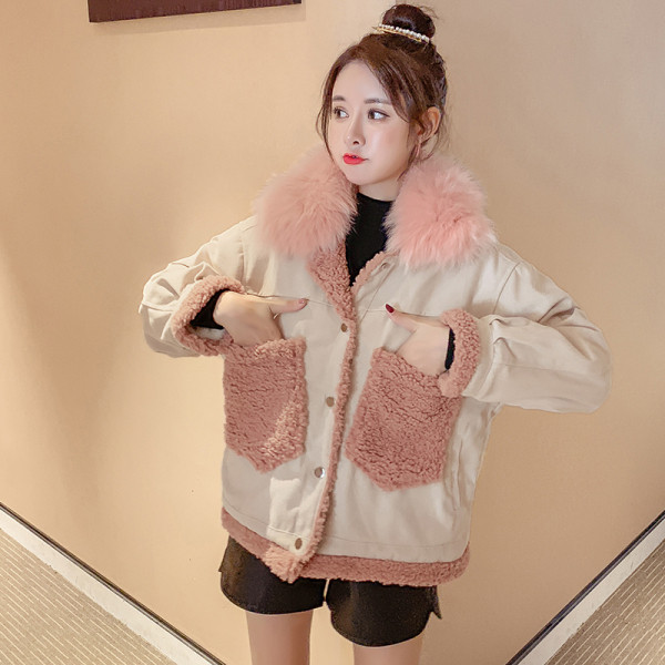 Női őszi-téli kabát kapucnival, kék, rózsaszín és szürke zsebekkel