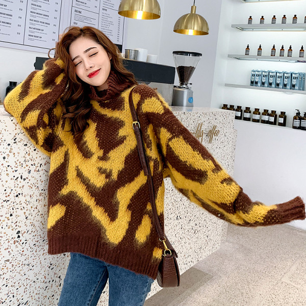 Γυναικείο χειμερινό πουλόβερ φαρδύ  σχέδιο με υψηλό κολάρο πόλο - διάφορα χρώματα