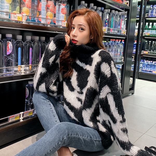 Γυναικείο χειμερινό πουλόβερ φαρδύ  σχέδιο με υψηλό κολάρο πόλο - διάφορα χρώματα