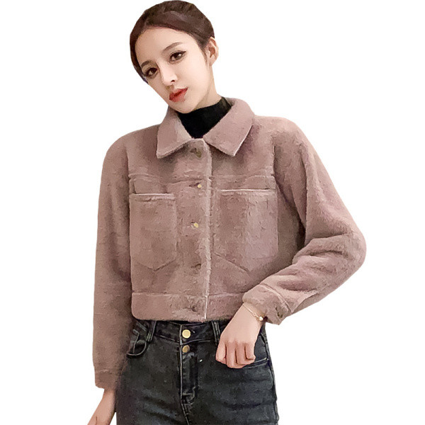 Νέο μοντέλο γυναικείο κοντό παλτό με κουμπιά και τσέπες σε μπεζ και μοβ χρώμα