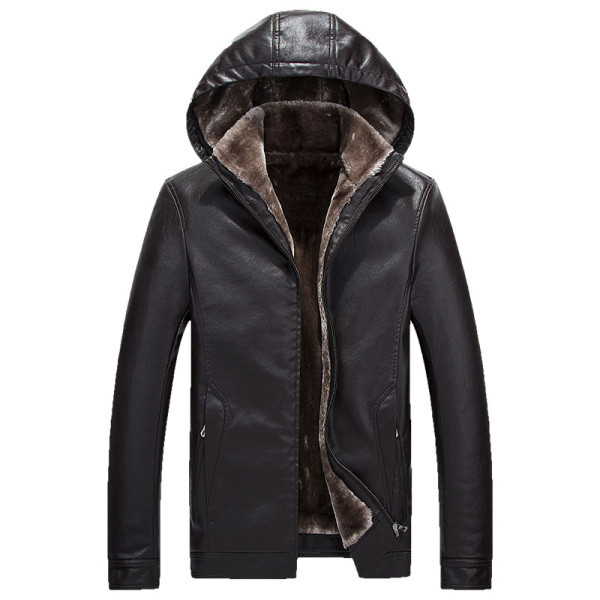 Modern férfi bőrdzseki puha béléssel és kapucnival, három színben