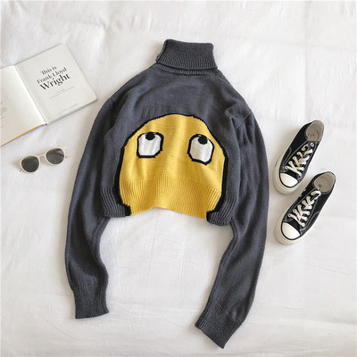 Σύντομο γυναικείο πουλόβερ με κολάρο και μακρύ μανίκι σε τρία χρώματα