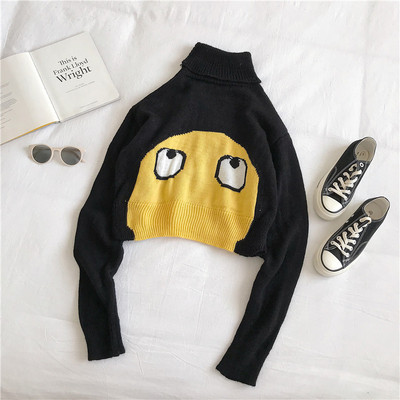 Σύντομο γυναικείο πουλόβερ με κολάρο και μακρύ μανίκι σε τρία χρώματα