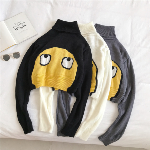 Σύντομο γυναικείο πουλόβερ με κολάρο και μακρύ μανίκι σε τρία χρώματα