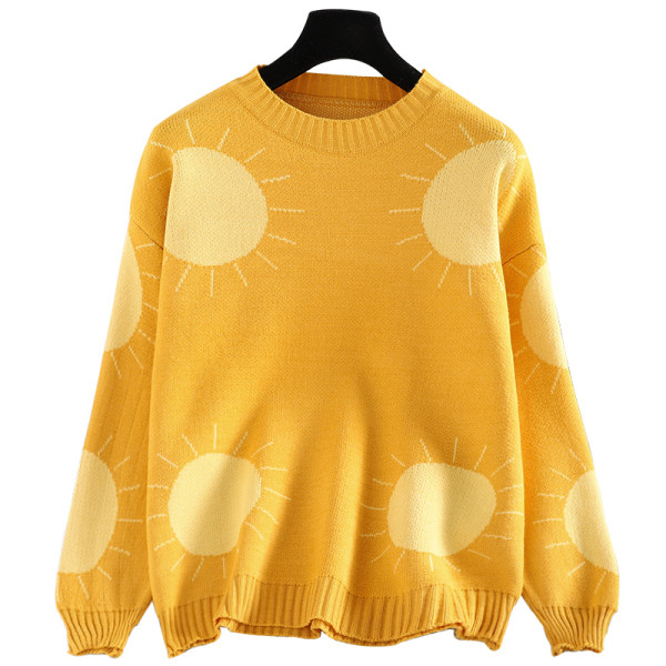 Γυναικείο μοντέρνο πουλόβερ με στρογγυλη λαιμόκοψη και μακρύ μανίκι σε κίτρινο χρώμα