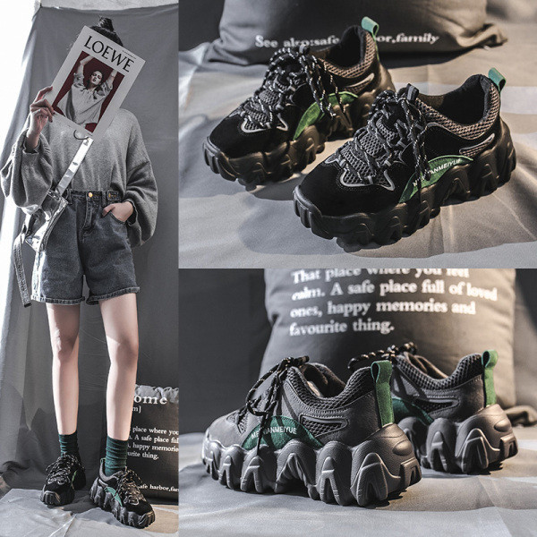 Női tornacipő ÚJ modell durva talppal, fűzős fekete és zöld színben