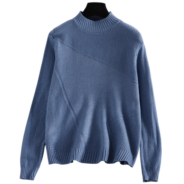 Γυναικείο πουλόβερ με ψηλό κολάρο και μακρύ μανίκι σε μπλε και άσπρο χρώμα