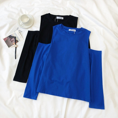 Ежедневна дамска блуза в черен и син цвят с голи рамене