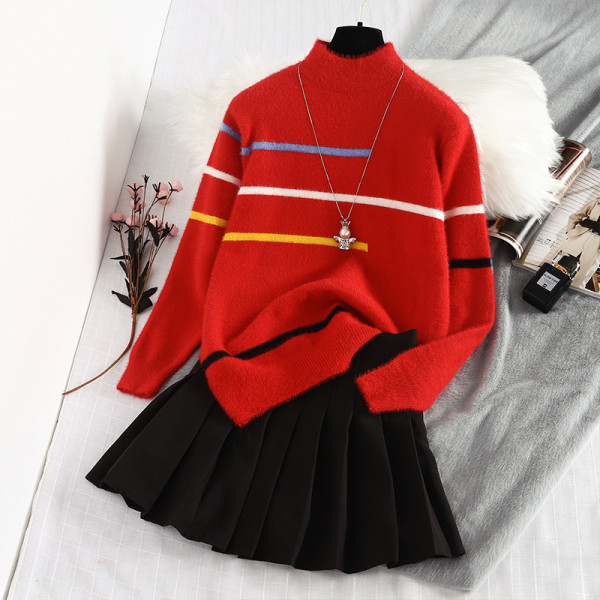 Női pulóver új modellje pólógallérral és piros mintával