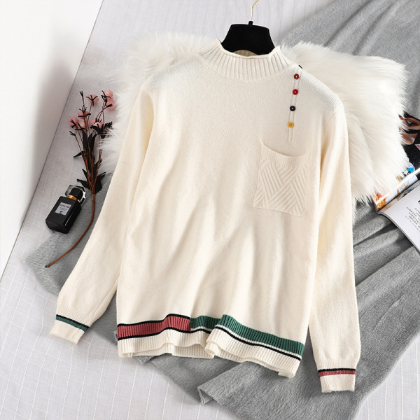 Νέο μοντέλο γυναικείο πουλόβερ με κουμπιά και τσέπη σε λευκό και κίτρινο χρώμα