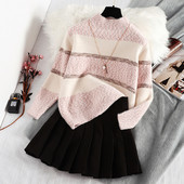 Ριγέ γυναικείο πουλόβερ με κορδόνι σε ροζ και πράσινο χρώμα