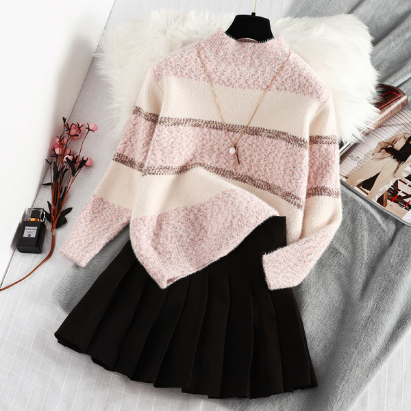 Ριγέ γυναικείο πουλόβερ με κορδόνι σε ροζ και πράσινο χρώμα