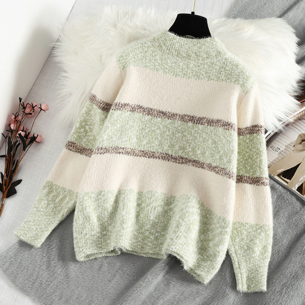 Ριγέ γυναικείο πουλόβερ με κορδόνι σε ροζ και πράσινο χρώμα