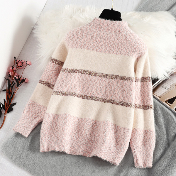 Ριγέ γυναικείο πουλόβερ με κορδόνι σε ροζ και πράσινο χρώμα