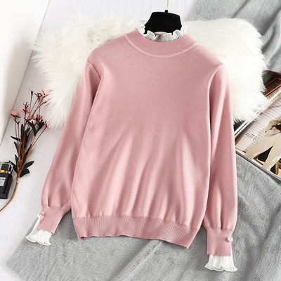 Μοντέρνο γυναικείο πουλόβερ με κολάρο και πέρλες για τα μανίκια σε πράσινο και ροζ χρώμα