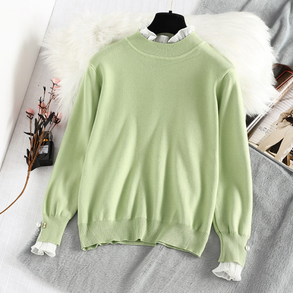 Μοντέρνο γυναικείο πουλόβερ με κολάρο και πέρλες για τα μανίκια σε πράσινο και ροζ χρώμα