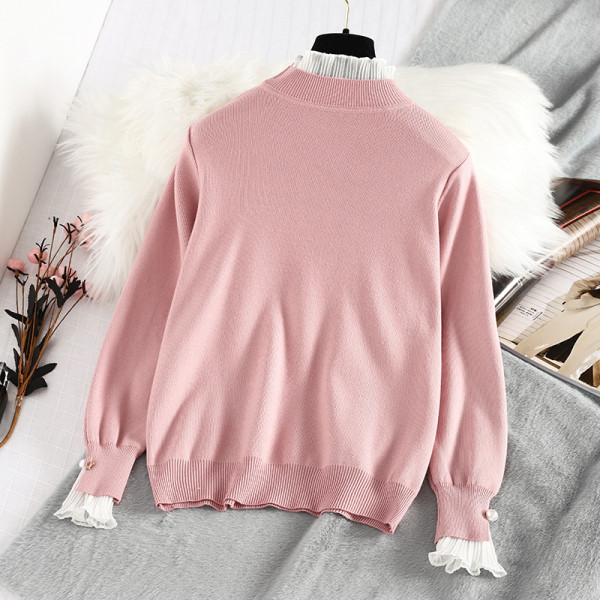 Μοντέρνο γυναικείο πουλόβερ με κολάρο και πέρλες για τα μανίκια σε πράσινο και ροζ χρώμα