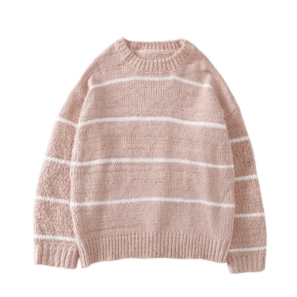 Μοντέρνο γυναικείο πουλόβερ με οβάλ ντεκολτέ και μακρύ μανίκι σε λευκό, πράσινο και ροζ χρώμα