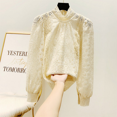 Női csipke ing puffos ujjakkal és pólógallérral fehér, bézs és fekete színben