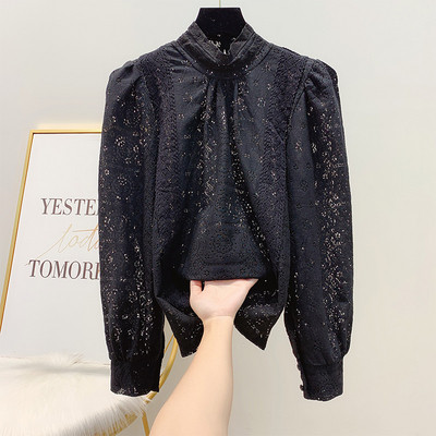 Női csipke ing puffos ujjakkal és pólógallérral fehér, bézs és fekete színben